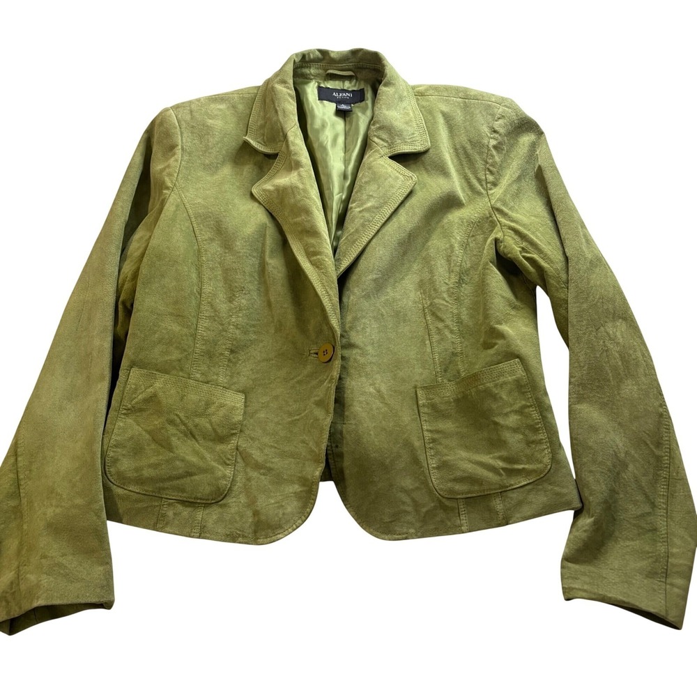 Alfani Petite Womens Large Green Suede Leather Blazer Jacket Single Button Lined